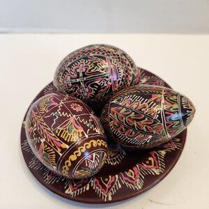 Handcrafted Ukrainian Pysanky Eggs W/Intricate Designs On Decorative Plate READ